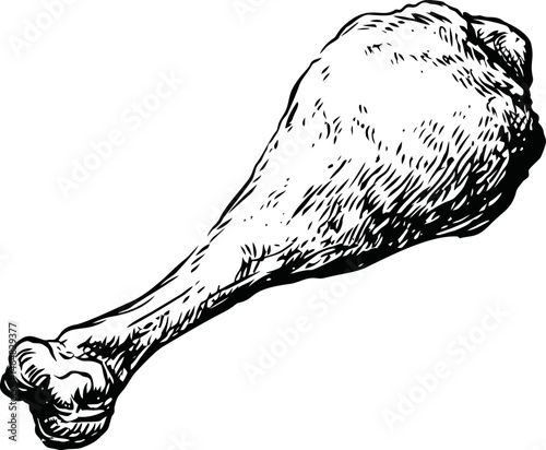 Hand-drawn black and white illustration of a turkey leg with detailed texture. Vector illustration
