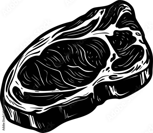 Black and white illustration of a steak with detailed line work. Vector illustration