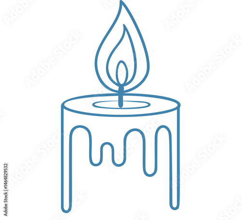 Blue outline drawing of a melting candle with flame. Vector illustration
