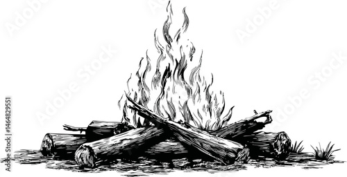 Black and white sketch of a campfire with logs and flames. Vector illustration