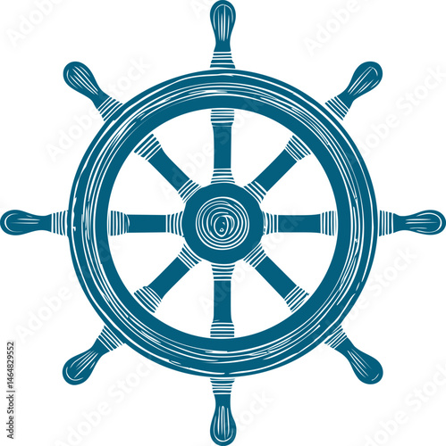 Blue nautical ship wheel illustration with detailed texture design. Vector illustration