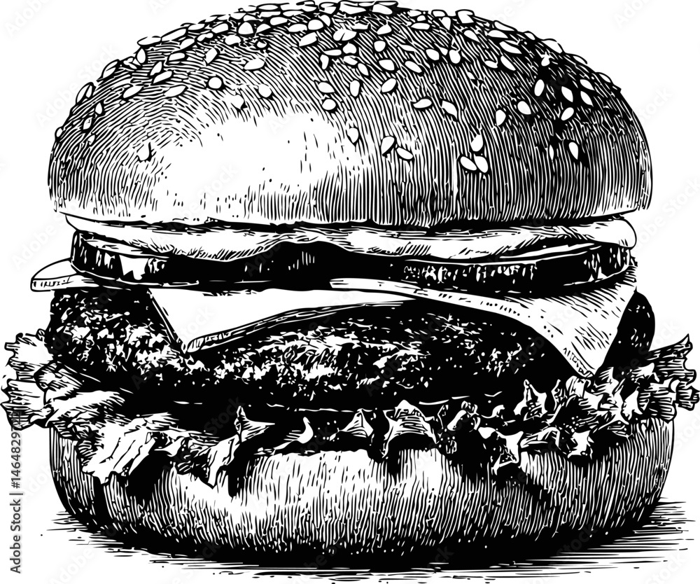 Obraz premium Black and white illustration of a classic cheeseburger with sesame seed bun. Vector illustration