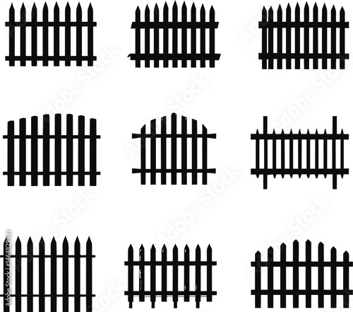 Collection of black picket fence silhouettes arranged in a grid pattern. Vector illustration