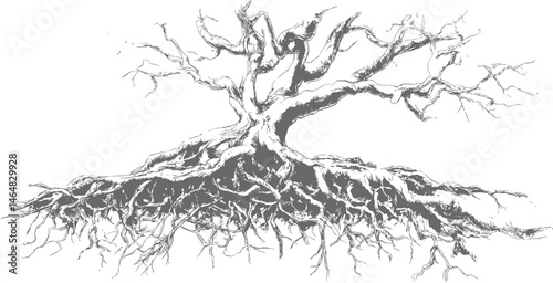 Detailed sketch of a bare tree with exposed roots in black and white illustration. Vector illustration
