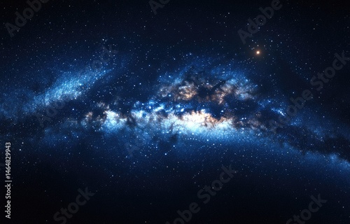 Vast expanse of space, swirling nebulae in deep blue.  Cosmic clouds of light, stars scattered across infinite darkness
