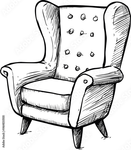 Sketch of a vintage armchair with tufted buttons and elegant curves. Vector illustration