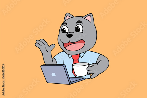 Cute anthropomorphic cat character working from home in various poses and activities. This character represents remote work lifestyle, daily productivity, and balance between relaxation and profession