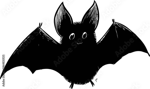 Cute cartoon bat with fluffy fur and large ears in black and white illustration. Vector illustration