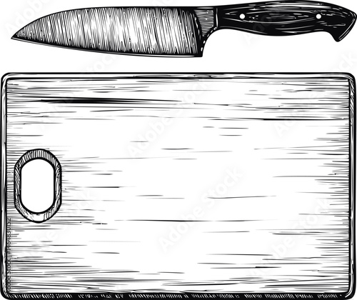 Knife and cutting board illustration in black and white, kitchen tools artwork. Vector illustration