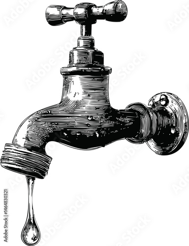 Vintage black and white illustration of a leaking tap with a droplet. Vector illustration