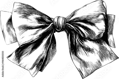 Detailed black and white illustration of a large decorative bow, vintage style. Vector illustration