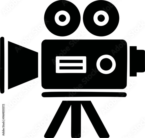 Black and white film camera icon with reel and tripod in silhouette style. Vector illustration