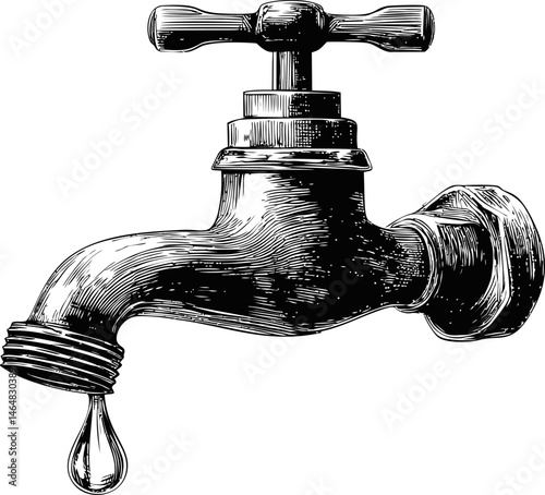 Vintage engraving of a dripping water faucet in black and white illustration. Vector illustration