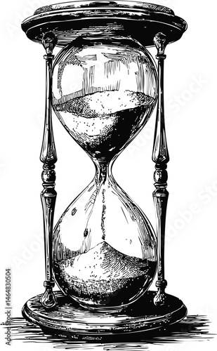Intricate black and white illustration of an hourglass with sand flowing. Vector illustration