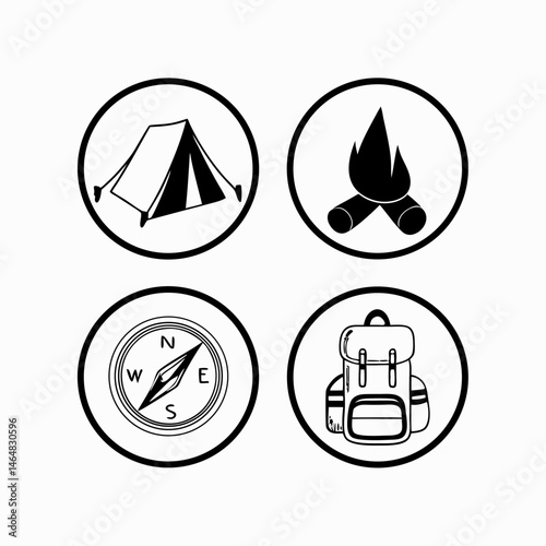 Camping icons featuring tent, campfire, compass, and backpack  