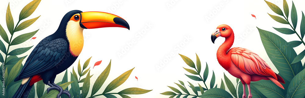 Fototapeta premium colorful illustration cheerful toucan flamingo parrots amidst lush greenery isolated white background warm