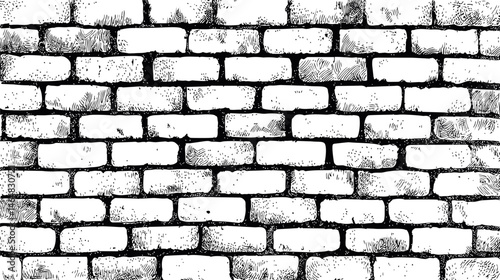 Detailed black and white illustration of a brick wall, sketch style drawing. Vector illustration