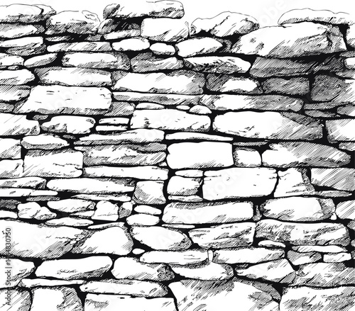 Black and white sketch of a rough stone wall with detailed textures. Vector illustration