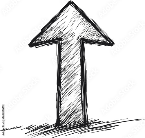 Hand-drawn black and white upward pointing arrow sketch illustration. Vector illustration