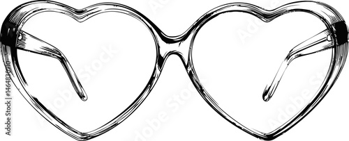 Black and white illustration of heart shaped glasses in sketch style. Vector illustration