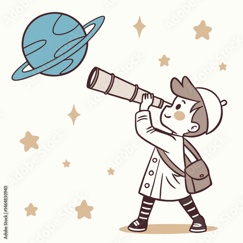 Curious Child Astronomer Exploring Space with Telescope and Planet.