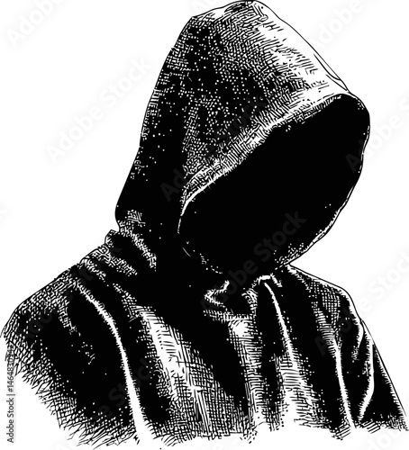 Hooded figure in black and white sketch style, mysterious and anonymous concept. Vector illustration