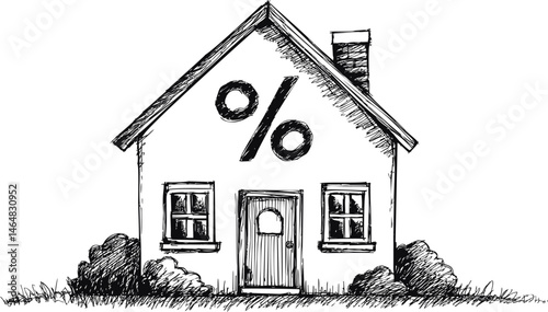 Illustration of a house with a percentage symbol, black and white sketch style. Vector illustration