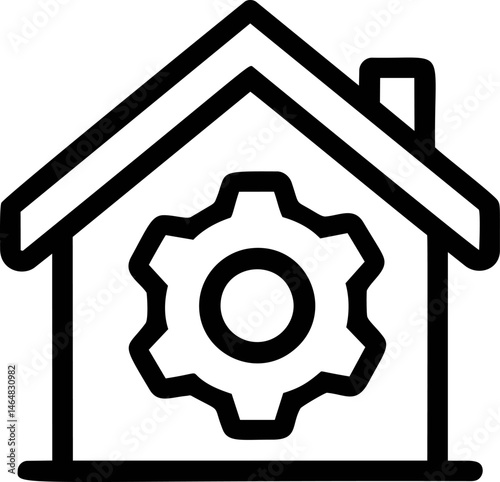 Black and white icon of a house with a gear symbol representing smart home. Vector illustration