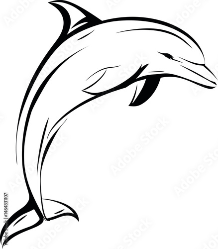 Stylized black and white dolphin illustration with dynamic motion. Vector illustration