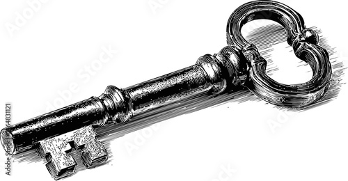 Antique vintage skeleton key with ornate handle, detailed black and white etching. Vector illustration