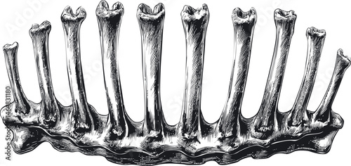 Illustrated vintage animal backbone with rib extensions, black and white drawing. Vector illustration