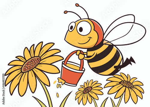 Happy Cartoon Bee Carrying Honey in a Bucket Near Yellow Flowers.