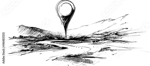 Pen sketch of mountain landscape with large map pin symbolizing location. Vector illustration