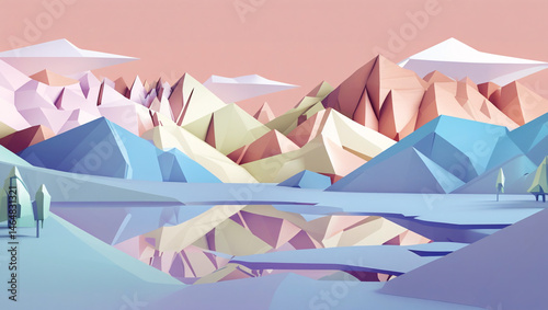 This image presents a vibrant, low poly landscape with a striking geometric aesthetic. 