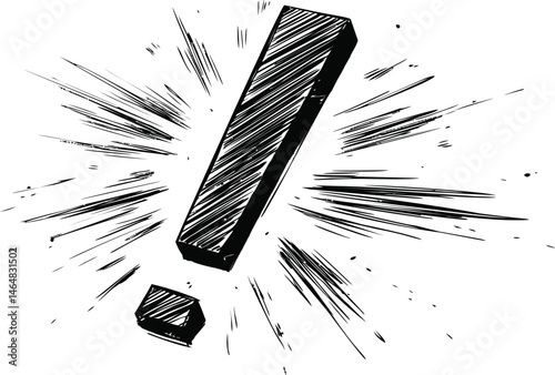 Dynamic black and white illustration of an exploding exclamation mark. Vector illustration