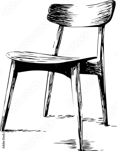 Black and white illustration of a wooden chair sketch with rustic texture. Vector illustration