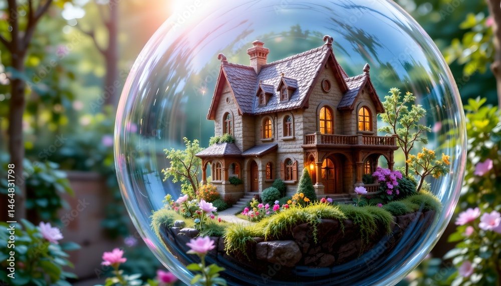 Enchanted Miniature House in a Glass Bubble Surrounded by Colorful Flowers and Lush Greenery at Sunset