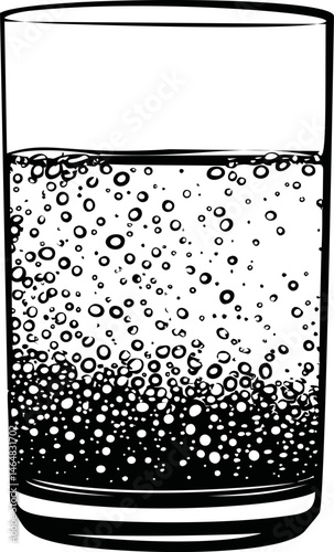 Glass of sparkling water with bubbles in black and white illustration. Vector illustration