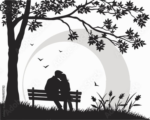 Silhouette of a Couple Embracing on a Park Bench Under a Tree at Sunset.