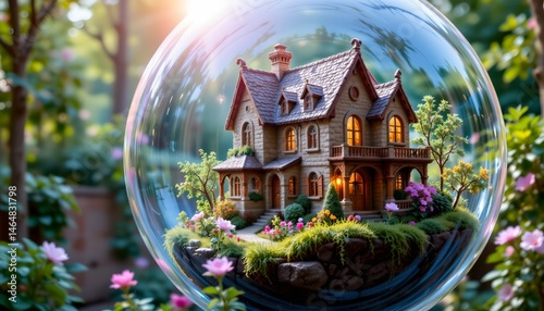 Obraz na płótnie Enchanted Miniature House in a Glass Bubble Surrounded by Colorful Flowers and Lush Greenery at Sunset w salonie