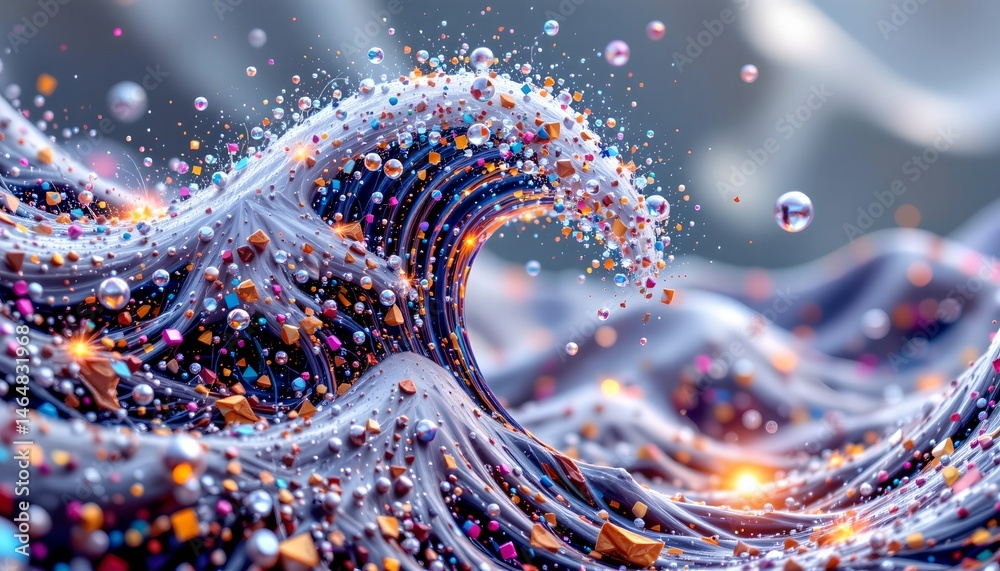 Vibrant Abstract Wave with Colorful Particles and Bubbles Creating a Dynamic and Whimsical Aesthetic