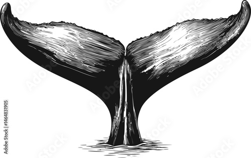 Monochrome illustration of whale tail emerging from water, detailed sketch art. Vector illustration