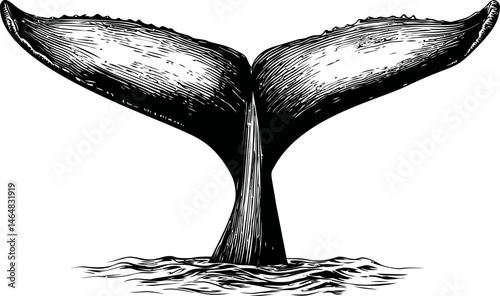 Monochrome illustration of a whale tail gracefully emerging from the ocean. Vector illustration