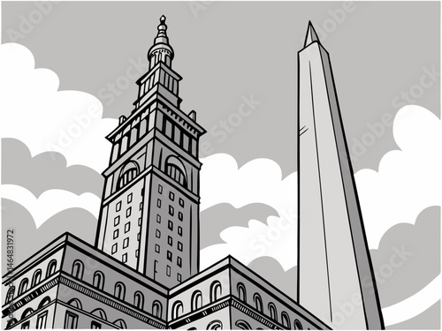 Stylish Black and White Illustration of the Maritime Tower and Washington Monument.