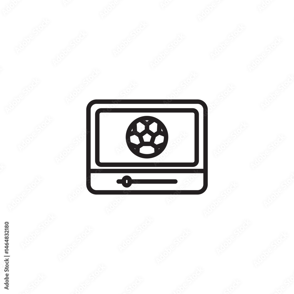 A black and white icon of a computer monitor displaying a soccer ball. A horizontal slider bar is at the bottom, suggesting online sports streaming or gaming. A black and white icon of a computer monitor displaying a soccer ball. A horizontal slider bar is at the bottom, suggesting online sports streaming or gaming.