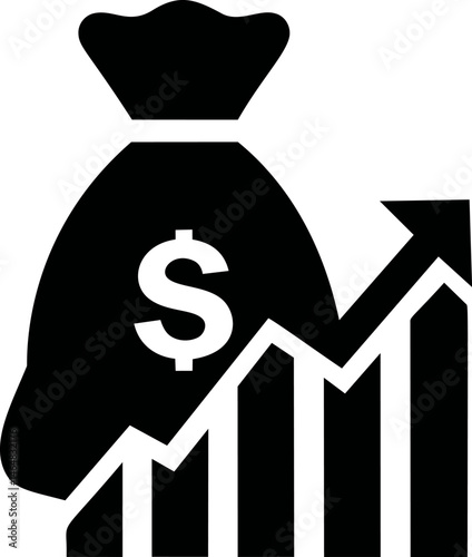 Silhouette of money bag with dollar sign and rising arrow symbolizing growth. Vector illustration