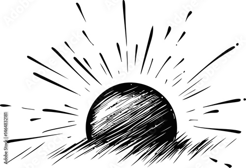 Illustration of a rising black sun with sketch-like rays in monochrome style. Vector illustration