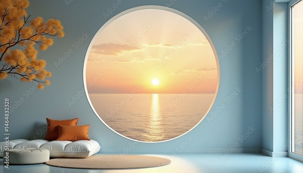 Tranquil sunset view through round window in modern room