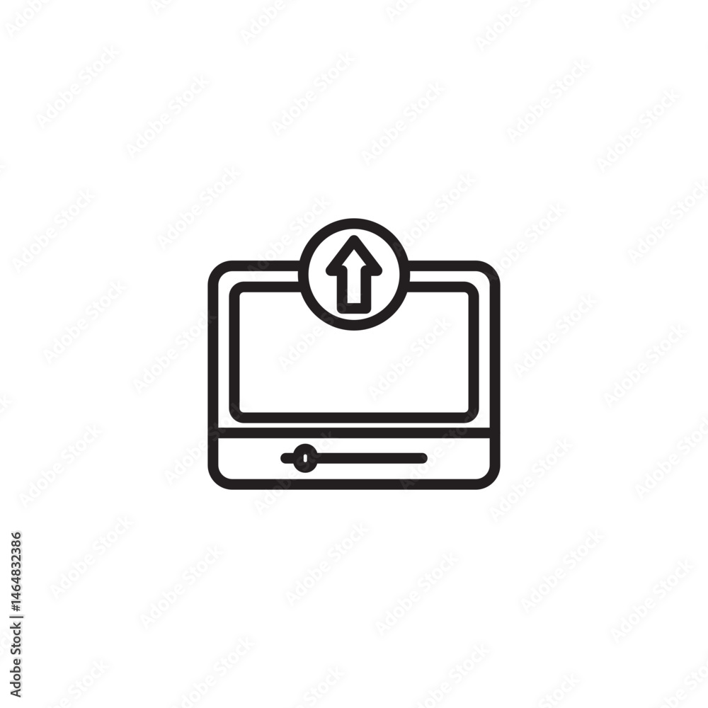 A black and white icon of a computer monitor with an upward-pointing arrow above it, symbolizing uploading content. A horizontal slider bar is at the bottom. A black and white icon of a computer monitor with an upward-pointing arrow above it, symbolizing uploading content. A horizontal slider bar is at the bottom.