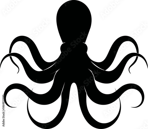 Black silhouette of an octopus with eight tentacles, simple vector design. Vector illustration